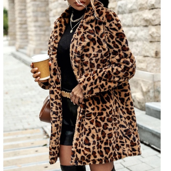Luxe leopard Print Vegan Fur Open Front Fully Lined Jacket Coat - Picture 5 of 6